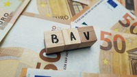 Buchstaben auf Holzklötzen bilden die Abkürzung "BAV", Bargeld im Hintergrund